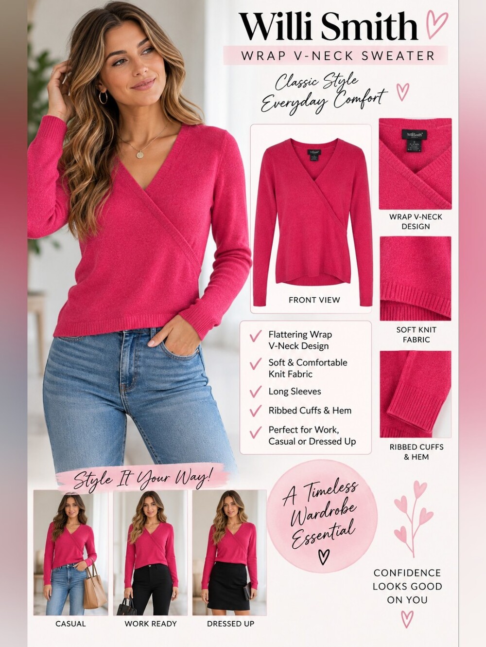 Willi Smith Pink Wrap V‑Neck Women's Sweater